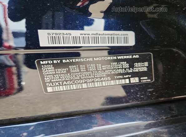 5UXTA6C09P9P96485 2023 BMW X5 Blue VIN კოდის სტიკერის ხედი