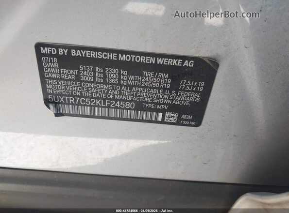 5UXTR7C52KLF24580 2019 BMW X3 Silver Շարժիչի բաժամունքի տեսք