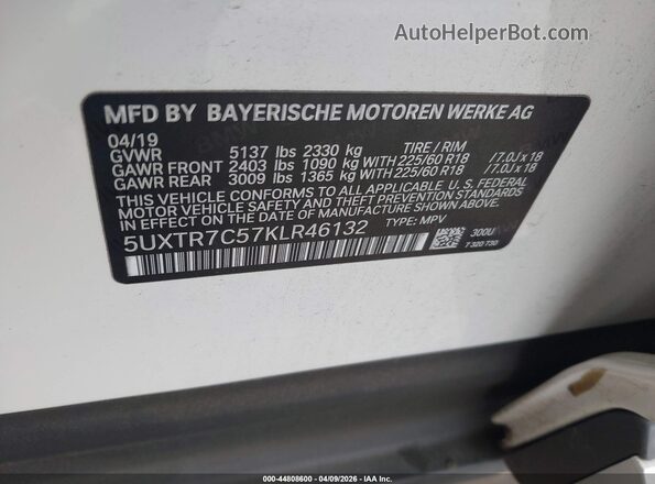 5UXTR7C57KLR46132 2019 BMW X3 White Շարժիչի բաժամունքի տեսք