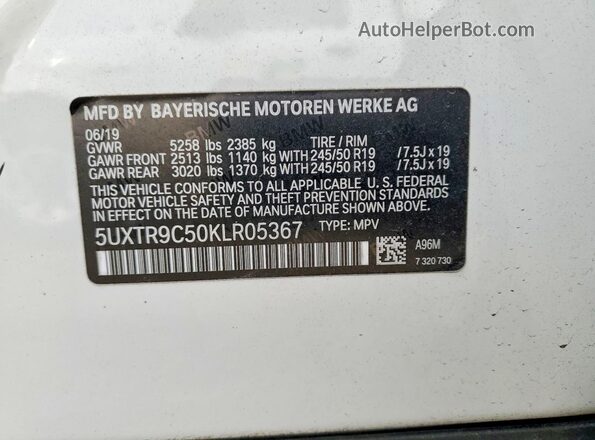 5UXTR9C50KLR05367 2019 BMW X3 White Widok naklejki z numerem VIN