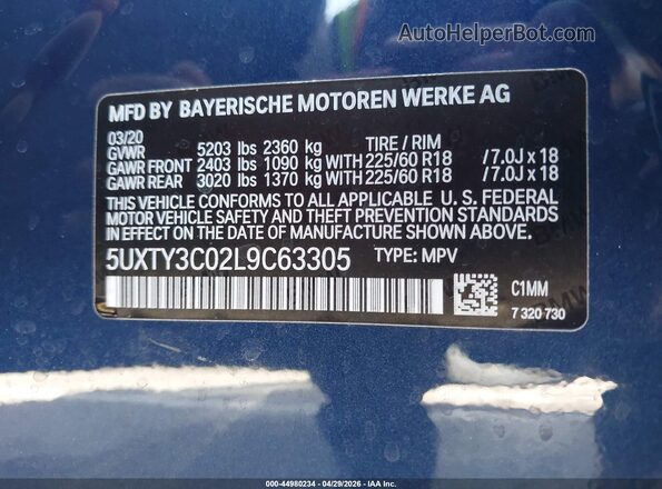 5UXTY3C02L9C63305 2020 BMW X3 Blue 