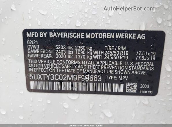 5UXTY3C02M9F98663 2021 BMW X3 White ძრავის განყოფილების ხედი