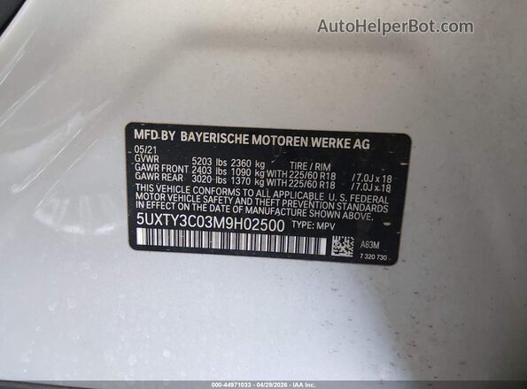 5UXTY3C03M9H02500 2021 BMW X3 Silver ძრავის განყოფილების ხედი