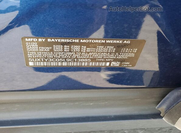 5UXTY3C05L9C13885 2020 BMW X3 Blue Widok naklejki z numerem VIN