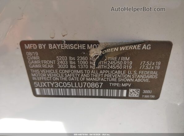 5UXTY3C05LLU70867 2020 BMW X3 White Vista del compartimento del motor