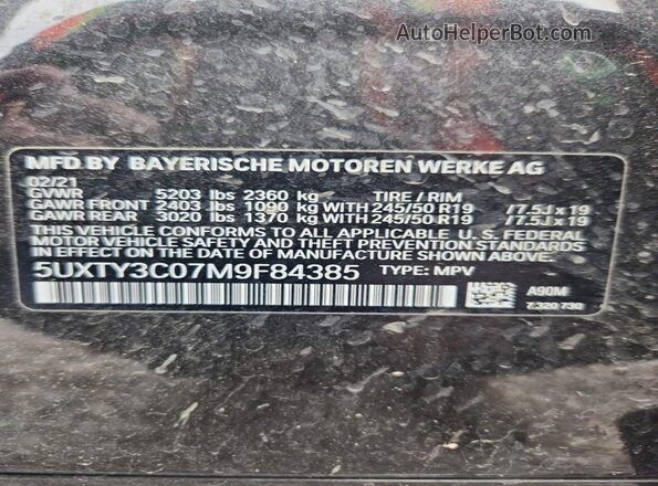 5UXTY3C07M9F84385 2021 BMW X3 Black VIN კოდის სტიკერის ხედი