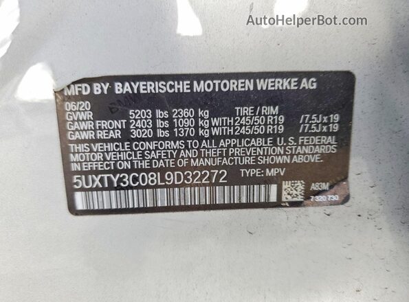 5UXTY3C08L9D32272 2020 BMW X3 Silver სალონის 360-გრადუსიანი ხედი