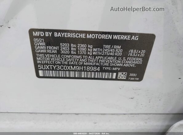 5UXTY3C0XM9H18984 2021 BMW X3 White Vista del compartimento del motor