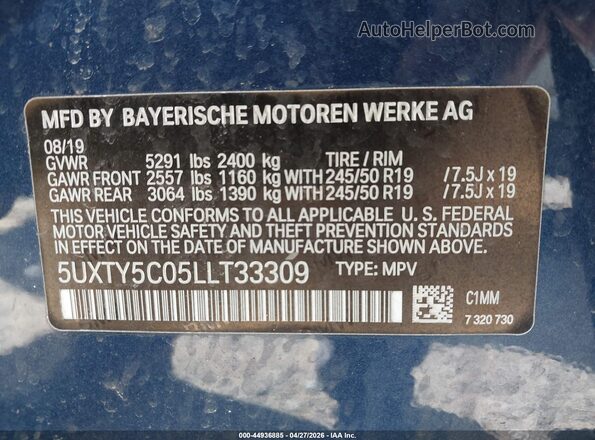 5UXTY5C05LLT33309 2020 BMW X3 Blue Շարժիչի բաժամունքի տեսք