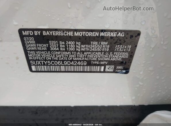 5UXTY5C06L9D42469 2020 BMW X3 Белый Вид подкапотного пространства