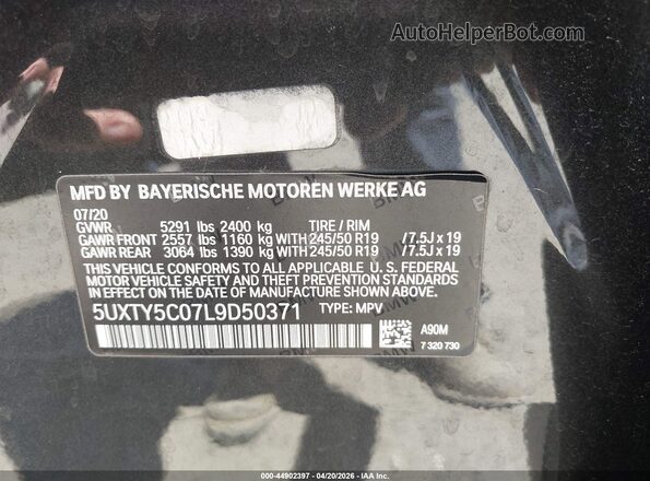 5UXTY5C07L9D50371 2020 BMW X3 Черный Вид наклейки с VIN-кодом