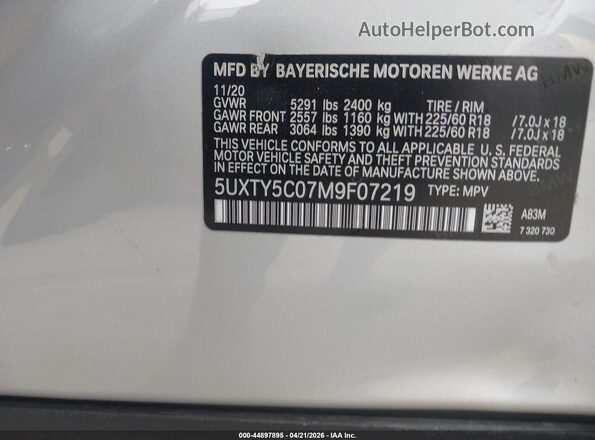 5UXTY5C07M9F07219 2021 BMW X3 Silver Вид підкапотного простору