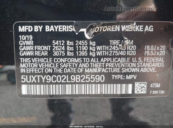 5UXTY9C02L9B25590 2020 BMW X3 Black Вид підкапотного простору