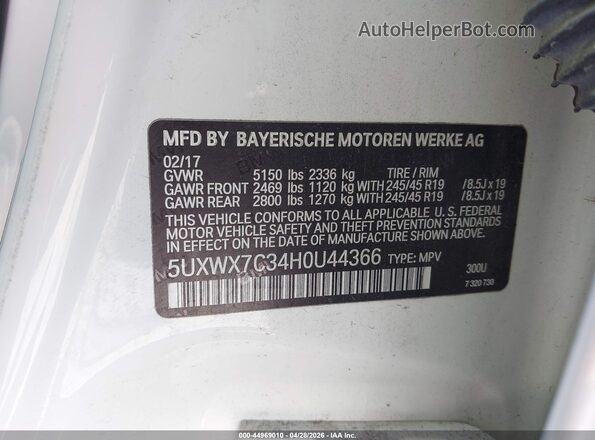 5UXWX7C34H0U44366 2017 BMW X3 White Widok komory silnika