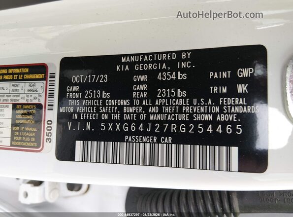 5XXG64J27RG254465 2024 KIA K5 White Widok komory silnika
