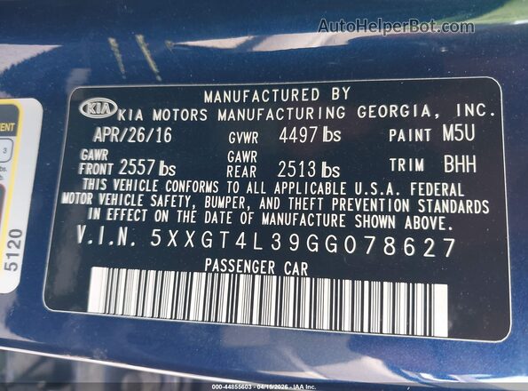 5XXGT4L39GG078627 2016 KIA OPTIMA Blue ძრავის განყოფილების ხედი