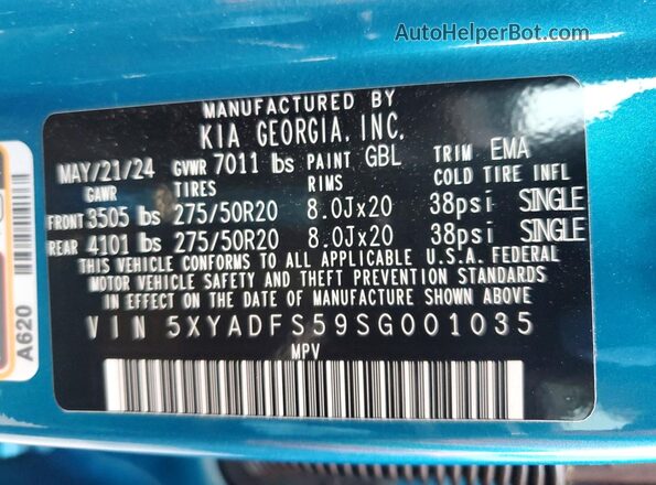 5XYADFS59SG001035 2025 KIA EV9 Blue Вид наклейки з VIN-кодом