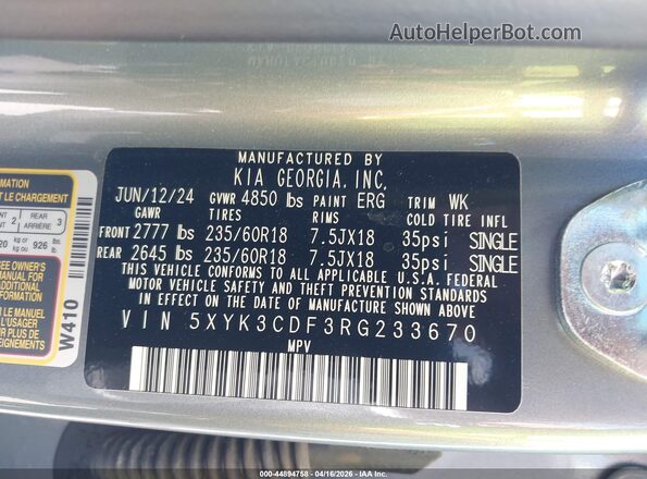 5XYK3CDF3RG233670 2024 KIA SPORTAGE Gray Engine compartment view