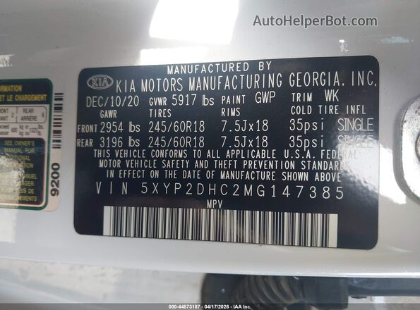 5XYP2DHC2MG147385 2021 KIA TELLURIDE White ძრავის განყოფილების ხედი