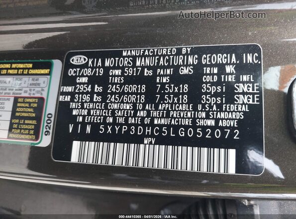 5XYP3DHC5LG052072 2020 KIA TELLURIDE Brown Engine compartment view