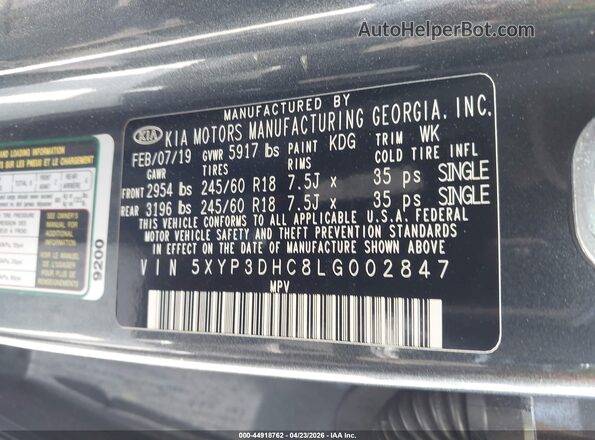 5XYP3DHC8LG002847 2020 KIA TELLURIDE Gray ძრავის განყოფილების ხედი