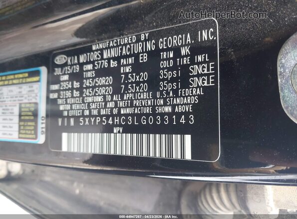 5XYP54HC3LG033143 2020 KIA TELLURIDE Черный Вид подкапотного пространства