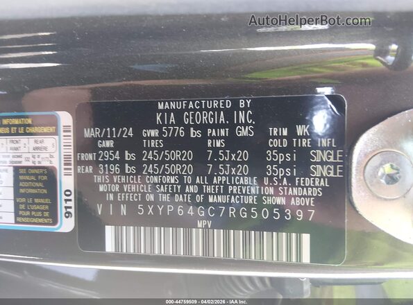5XYP64GC7RG505397 2024 KIA TELLURIDE Brown Vista del compartimento del motor