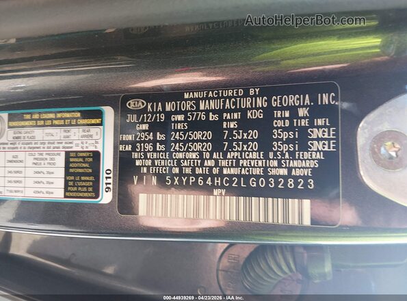 5XYP64HC2LG032823 2020 KIA TELLURIDE Black Vista del compartimento del motor