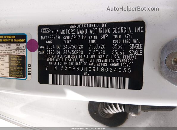 5XYP6DHC9LG024055 2020 KIA TELLURIDE White Widok komory silnika