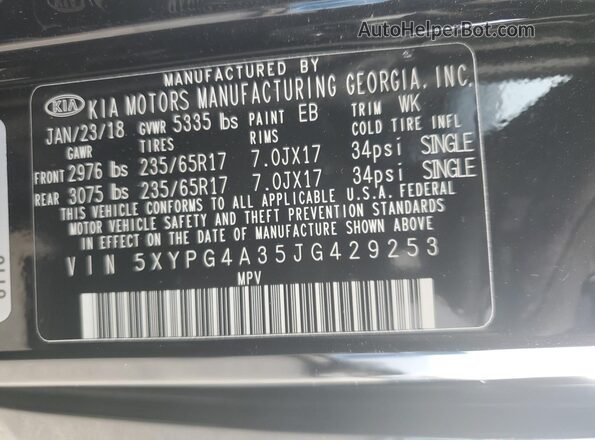 5XYPG4A35JG429253 2018 KIA SORENTO Black 