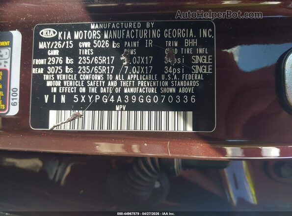 5XYPG4A39GG070336 2016 KIA SORENTO Maroon Engine compartment view