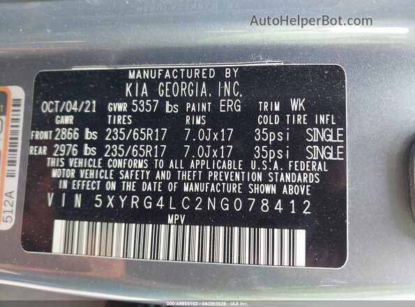 5XYRG4LC2NG078412 2022 KIA SORENTO Gray Շարժիչի բաժամունքի տեսք