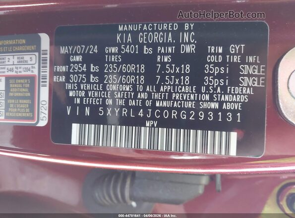 5XYRL4JC0RG293131 2024 KIA SORENTO Burgundy Вид підкапотного простору