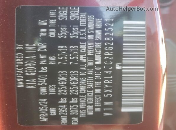 5XYRL4JC2RG282521 2024 KIA SORENTO Burgundy Vista interior de 360 grados
