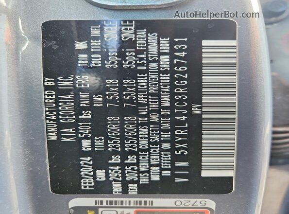 5XYRL4JC3RG267431 2024 KIA SORENTO Серый Вид наклейки с VIN-кодом