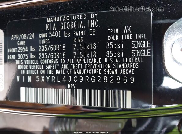 5XYRL4JC9RG282869 2024 KIA SORENTO Black Vista del compartimento del motor