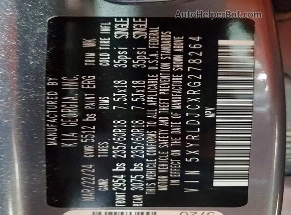 5XYRLDJCXRG278264 2024 KIA SORENTO Gray Widok naklejki z numerem VIN