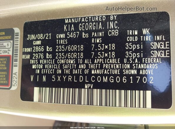 5XYRLDLC0MG061702 2021 KIA SORENTO Gold 