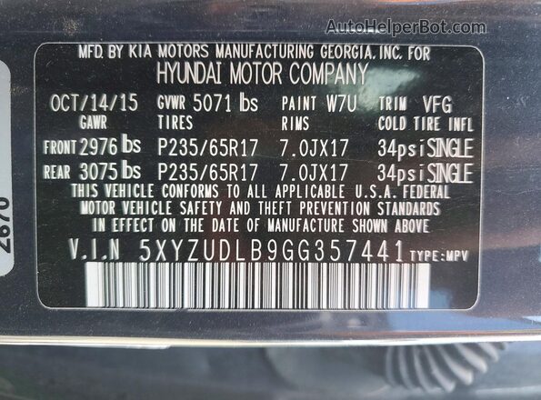 5XYZUDLB9GG357441 2016 HYUNDAI SANTA Угольный Вид наклейки с VIN-кодом