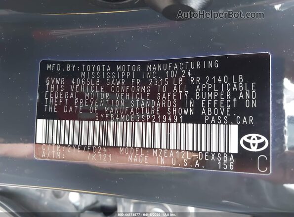 5YFB4MCE3SP219491 2025 TOYOTA LL Gray Engine compartment view
