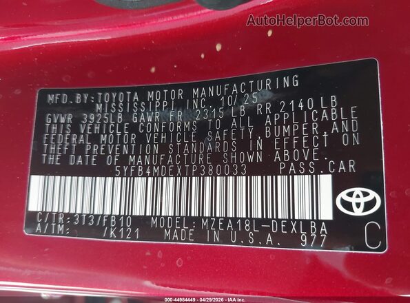 5YFB4MDEXTP380033 2026 TOYOTA LL Red 