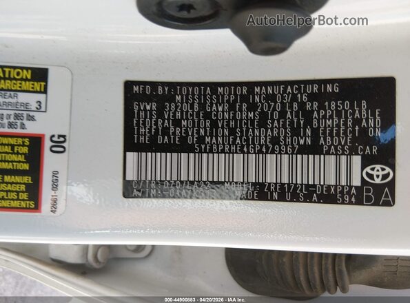 5YFBPRHE4GP479967 2016 TOYOTA LL Белый Вид подкапотного пространства