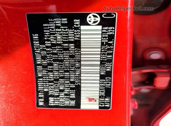 5YFEPMAE1MP180927 2021 TOYOTA LL Red Вид наклейки з VIN-кодом