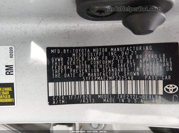 5YFEPMAE2MP232548 2021 TOYOTA LL Silver Вид підкапотного простору