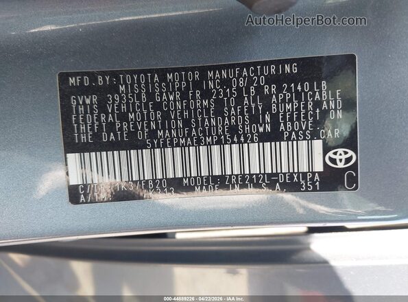5YFEPMAE3MP154426 2021 TOYOTA LL Blue Вид підкапотного простору