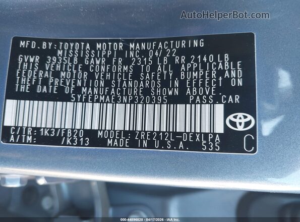 5YFEPMAE3NP320395 2022 TOYOTA LL Синий Вид подкапотного пространства