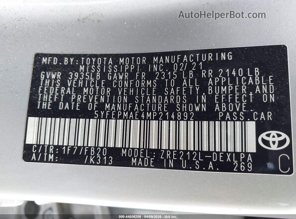 5YFEPMAE4MP214892 2021 TOYOTA LL Silver 