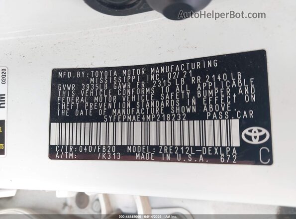 5YFEPMAE4MP218232 2021 TOYOTA LL White Շարժիչի բաժամունքի տեսք