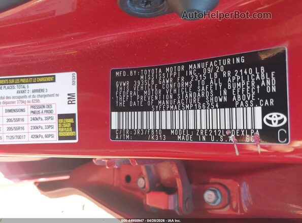 5YFEPMAE5MP166254 2021 TOYOTA LL Red Widok komory silnika