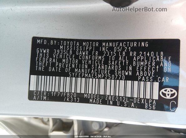 5YFEPMAE5MP250770 2021 TOYOTA LL Silver Вид підкапотного простору
